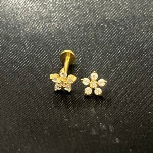 Fleur - Labret interne doré avec une fleur ornementé de cristaux